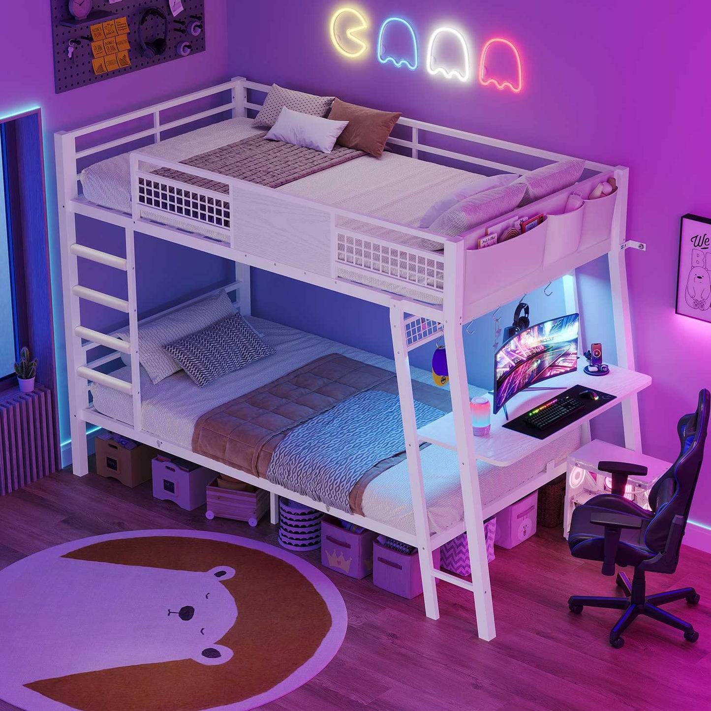 HAUOMS HAUOMS Twin Bunk Beds with Desk RGB LED Lights Power Outlets Underneath Storage Metal Beds with Safety Guardrail and Ladders No Box Spring Needed