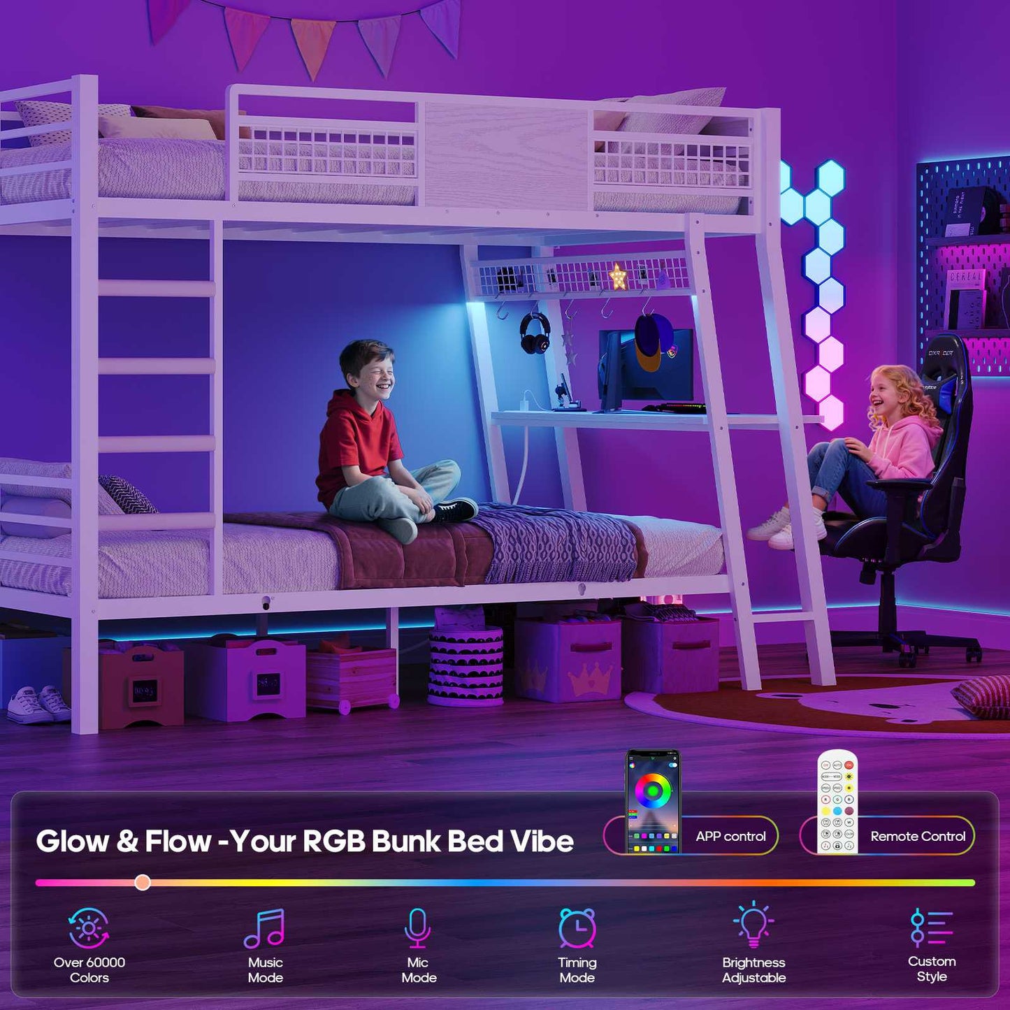 HAUOMS HAUOMS Twin Bunk Beds with Desk RGB LED Lights Power Outlets Underneath Storage Metal Beds with Safety Guardrail and Ladders No Box Spring Needed