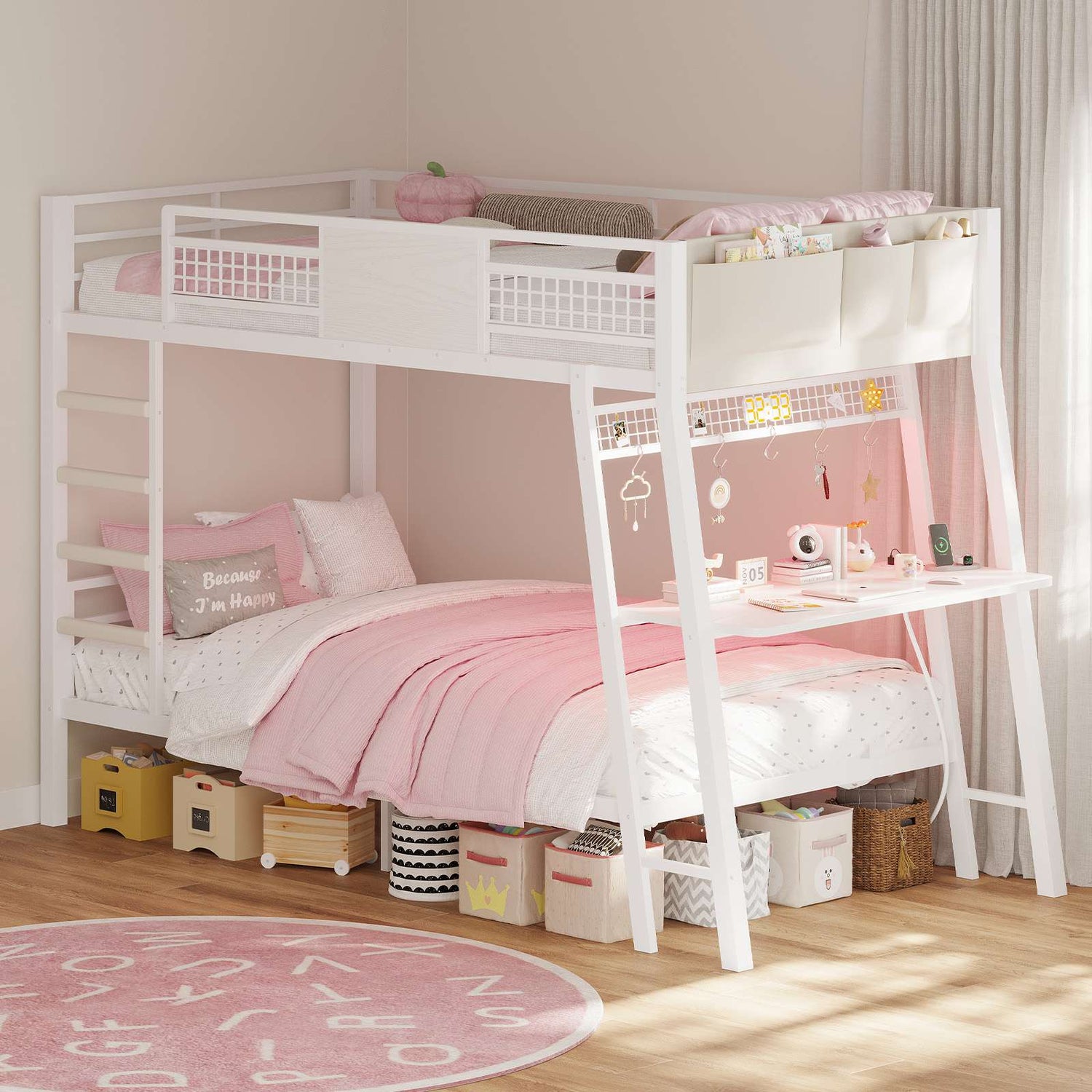 HAUOMS HAUOMS Twin Bunk Beds with Desk RGB LED Lights Power Outlets Underneath Storage Metal Beds with Safety Guardrail and Ladders No Box Spring Needed