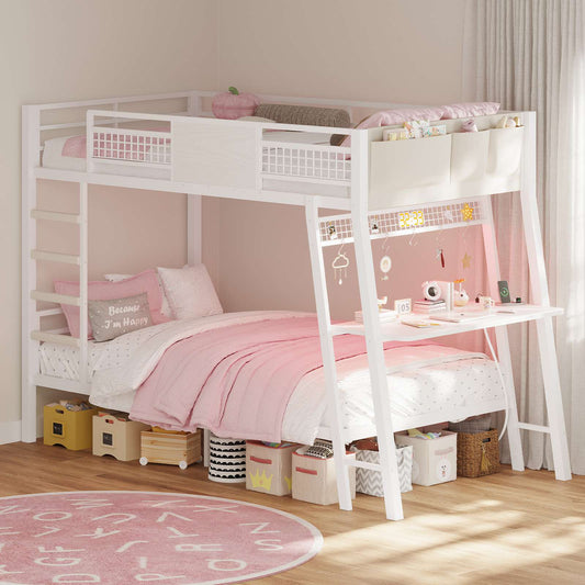 HAUOMS HAUOMS Twin Bunk Beds with Desk RGB LED Lights Power Outlets Underneath Storage Metal Beds with Safety Guardrail and Ladders No Box Spring Needed