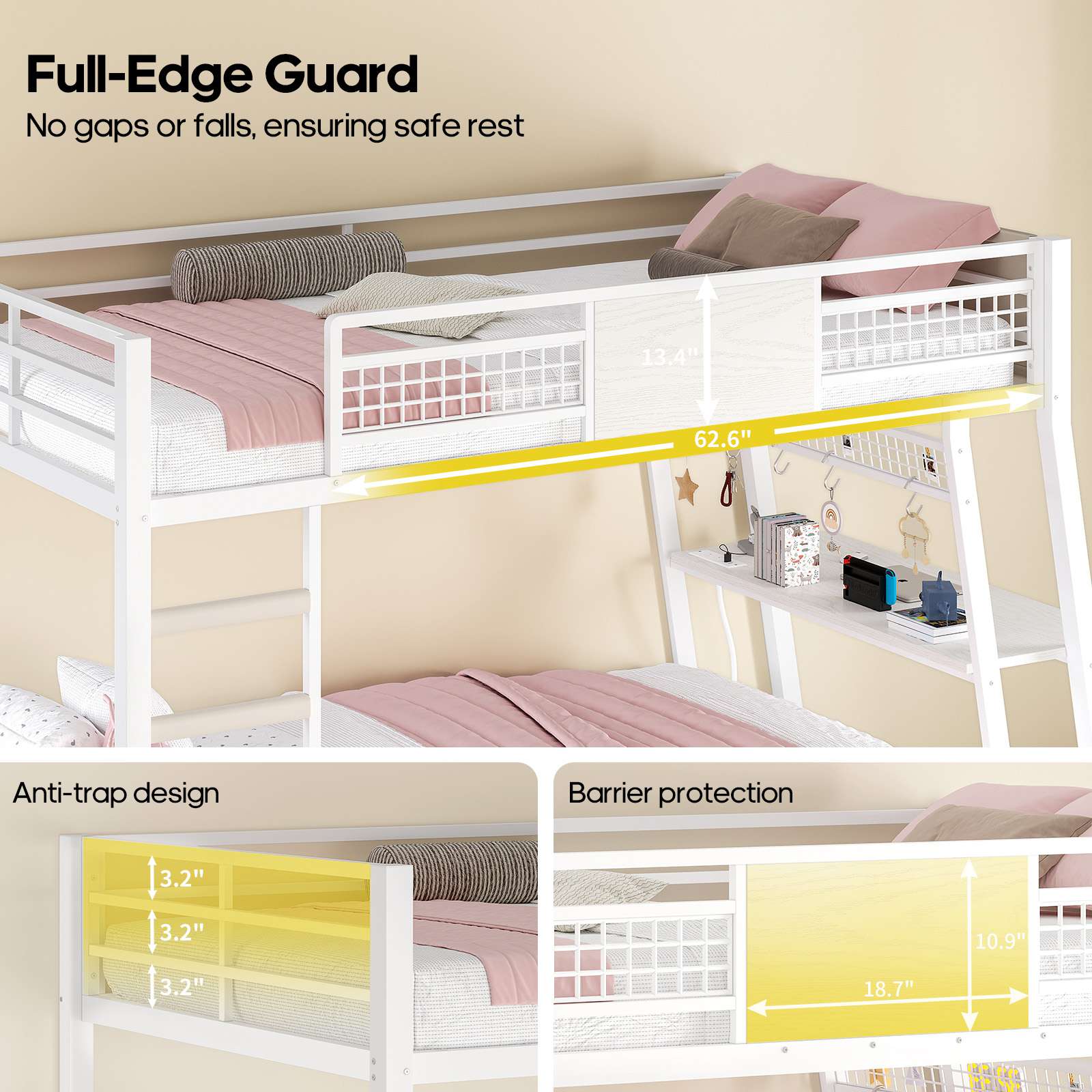 HAUOMS HAUOMS Twin Bunk Beds with Desk RGB LED Lights Power Outlets Underneath Storage Metal Beds with Safety Guardrail and Ladders No Box Spring Needed