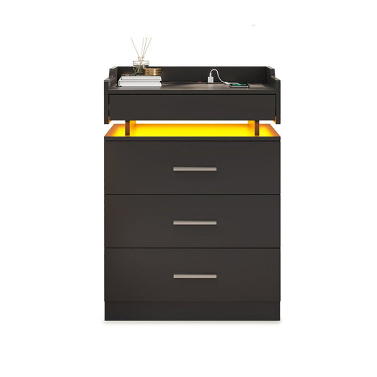 HAUOMS Nightstand Black / Engineered Wood / Modern LED Nightstand with Charging Station Black