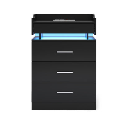 HAUOMS Nightstand Black / Engineered Wood / Modern LED Nightstand with Charging Station Black