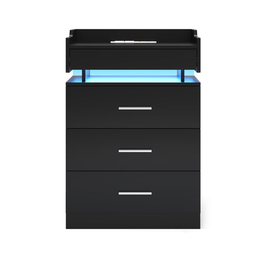 HAUOMS Nightstand Black / Engineered Wood / Modern LED Nightstand with Charging Station Black