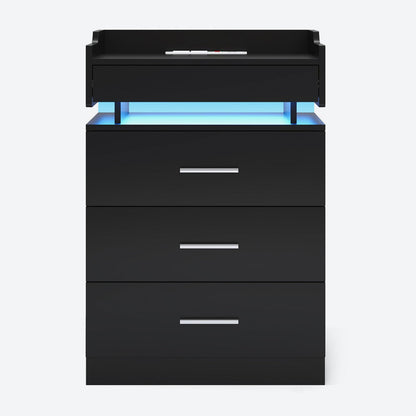 HAUOMS Nightstand Black / Engineered Wood / Modern LED Nightstand with Charging Station Black