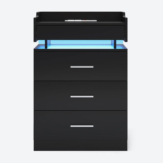 HAUOMS Nightstand Black / Engineered Wood / Modern LED Nightstand with Charging Station Black