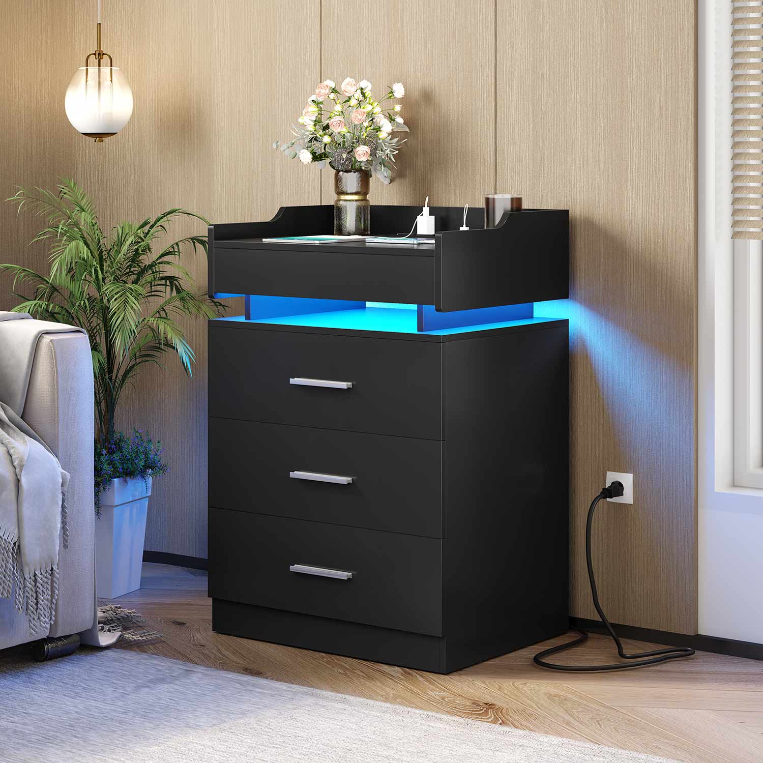 Hauoms Nightstand Black / Engineered Wood / Modern LED Nightstand with Charging Station Black
