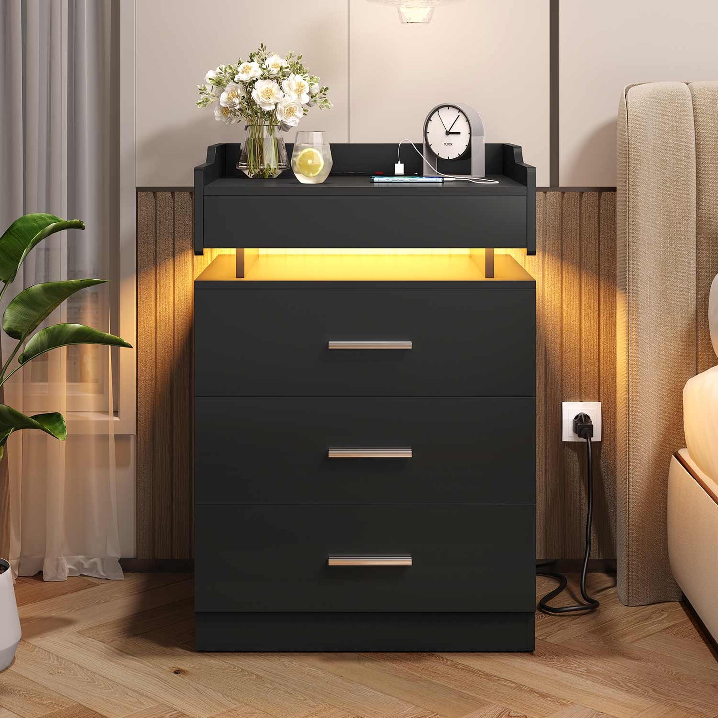 Hauoms Nightstand Black / Engineered Wood / Modern LED Nightstand with Charging Station Black