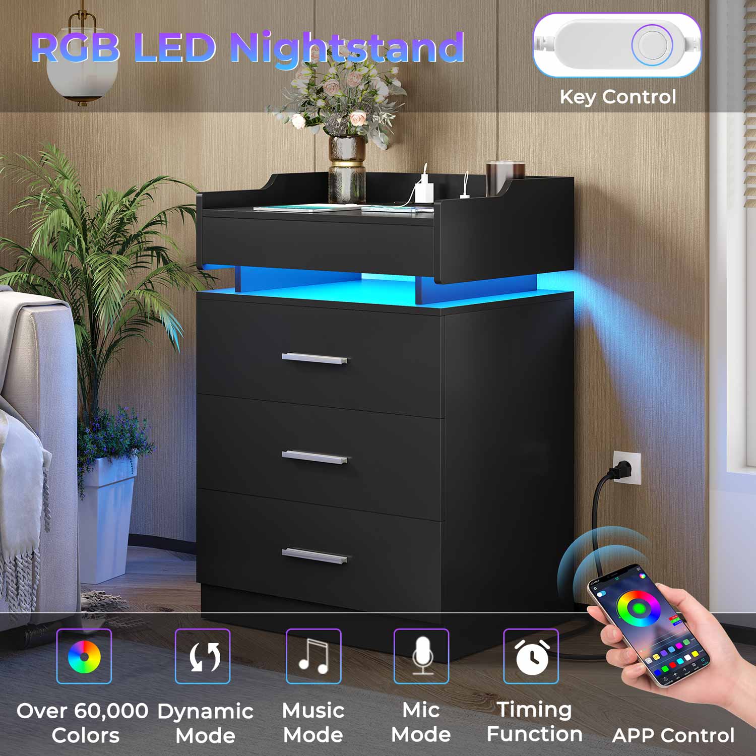 Hauoms Nightstand Black / Engineered Wood / Modern LED Nightstand with Charging Station Black