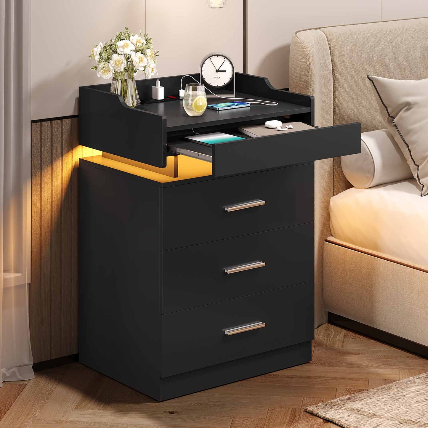 Hauoms Nightstand Black / Engineered Wood / Modern LED Nightstand with Charging Station Black