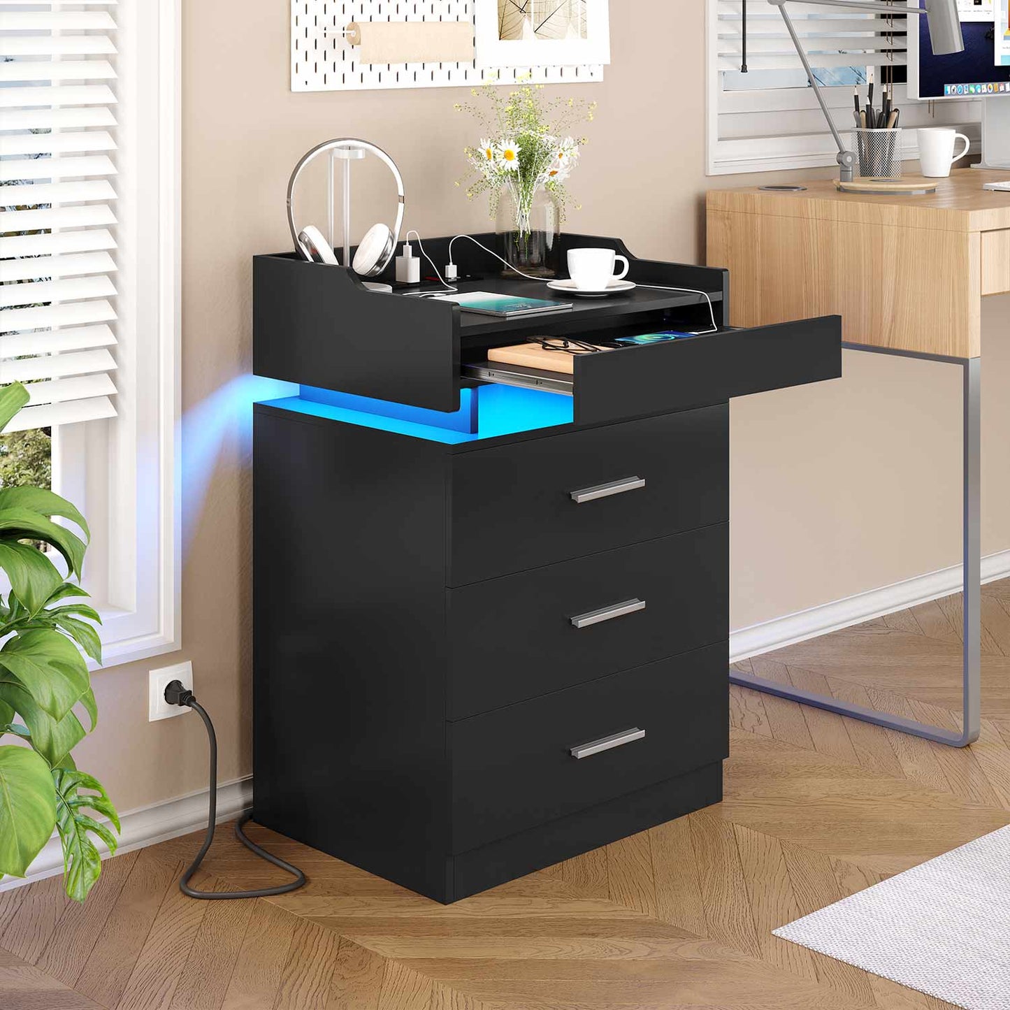 Hauoms Nightstand Black / Engineered Wood / Modern LED Nightstand with Charging Station Black