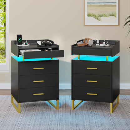 Hauoms Nightstand Black / Engineered Wood / Modern LED Nightstand with Pull-Out Tray Black and Gold
