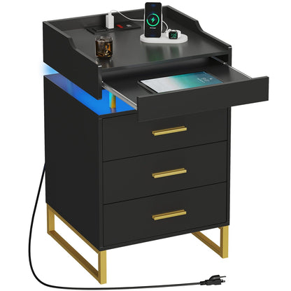Hauoms Nightstand Black / Engineered Wood / Modern LED Nightstand with Pull-Out Tray Black and Gold