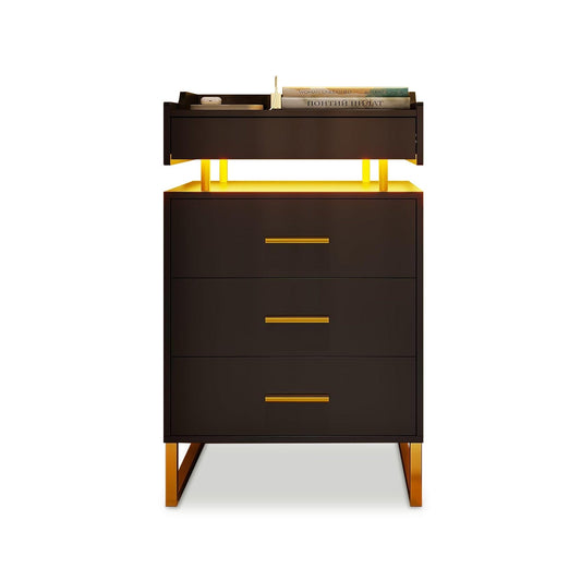 HAUOMS Nightstand Black / Engineered Wood / Modern LED Nightstand with Pull-Out Tray Black & Gold