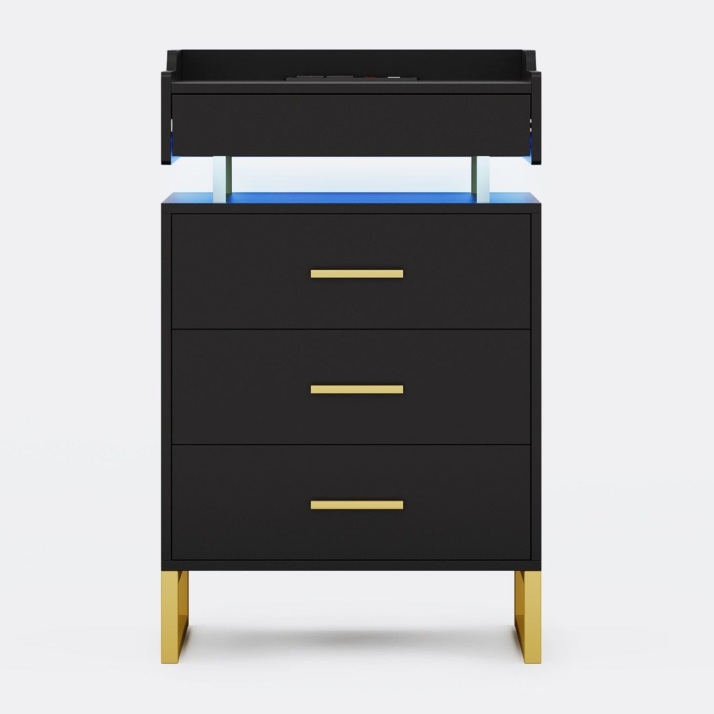HAUOMS Nightstand Black & Gold / Engineered Wood / Modern LED Nightstand with Pull-Out Tray Black & Gold