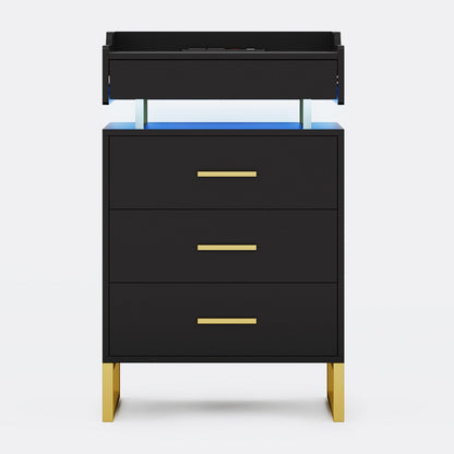 HAUOMS Nightstand Black & Gold / Engineered Wood / Modern LED Nightstand with Pull-Out Tray Black & Gold