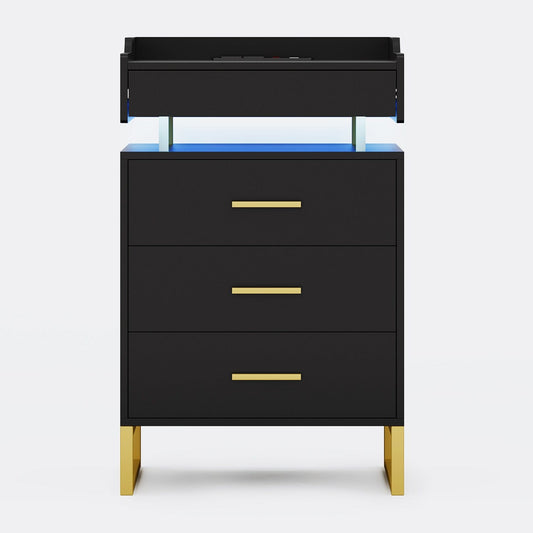 HAUOMS Nightstand Black & Gold / Engineered Wood / Modern LED Nightstand with Pull-Out Tray Black & Gold