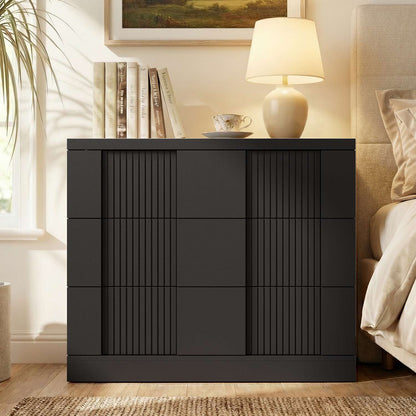 HAUOMS Nightstand Black HAUOMS 27.6” Tall Fluted Nightstand with 3 Drawers Storage Extra Large Mid-Century Modern Wood Bedside End Table