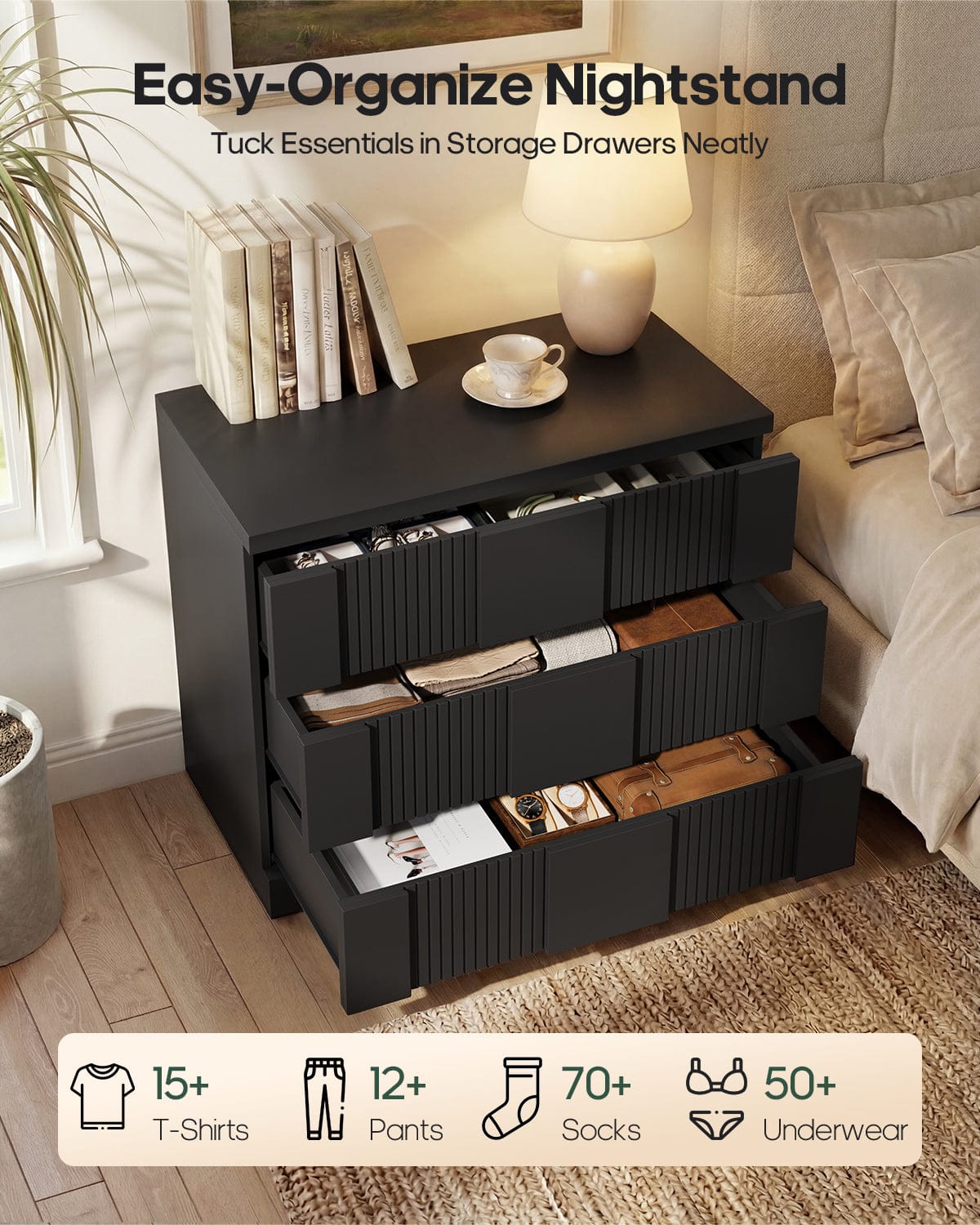 HAUOMS Nightstand Black / Mid-Century Modern / Engineered Wood 31.3” W Oversized Extra Large Tall Nightstand, Black