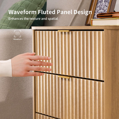 HAUOMS Nightstand Oak Fluted Nightstand with Charging Station Oak