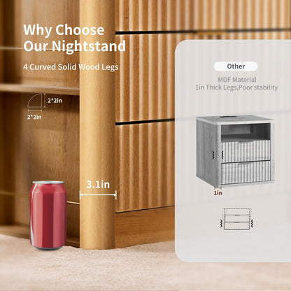 HAUOMS Nightstand Oak Fluted Nightstand with Charging Station Oak