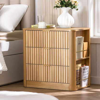 HAUOMS Nightstand Oak Fluted Nightstand with Charging Station Oak