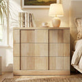 HAUOMS Nightstand Oak HAUOMS 27.6” Tall Fluted Nightstand with 3 Drawers Storage Extra Large Mid-Century Modern Wood Bedside End Table
