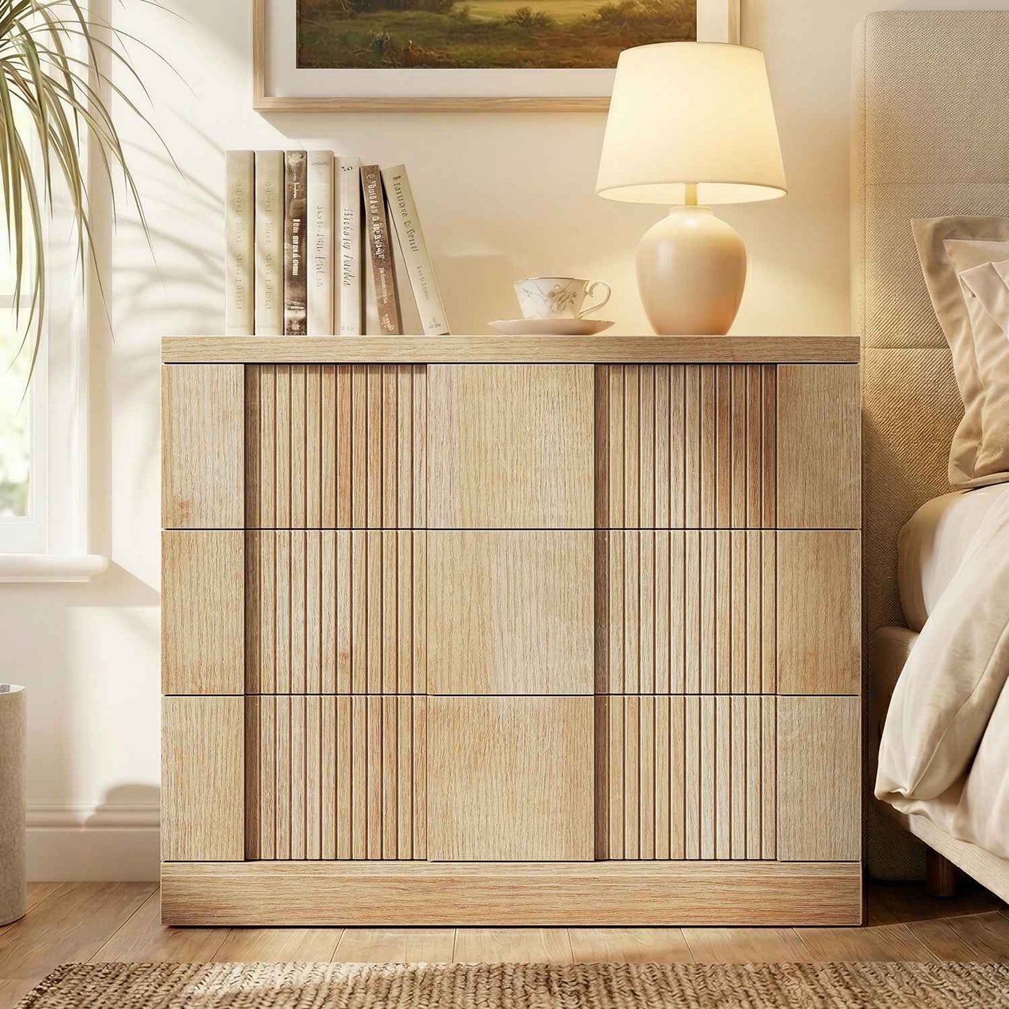 HAUOMS Nightstand Oak HAUOMS 27.6” Tall Fluted Nightstand with 3 Drawers Storage Extra Large Mid-Century Modern Wood Bedside End Table