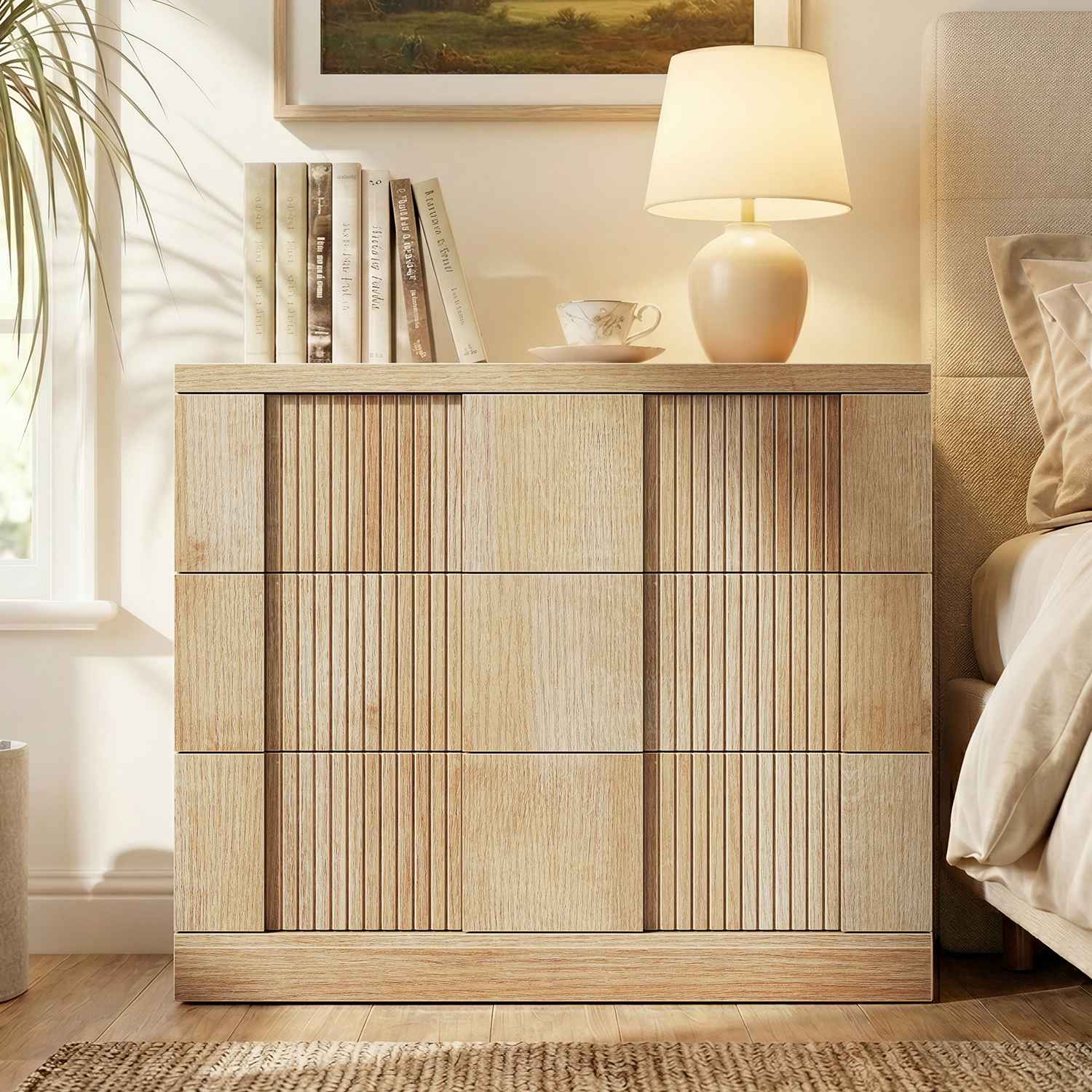 HAUOMS Nightstand Oak HAUOMS 27.6” Tall Fluted Nightstand with 3 Drawers Storage Extra Large Mid-Century Modern Wood Bedside End Table
