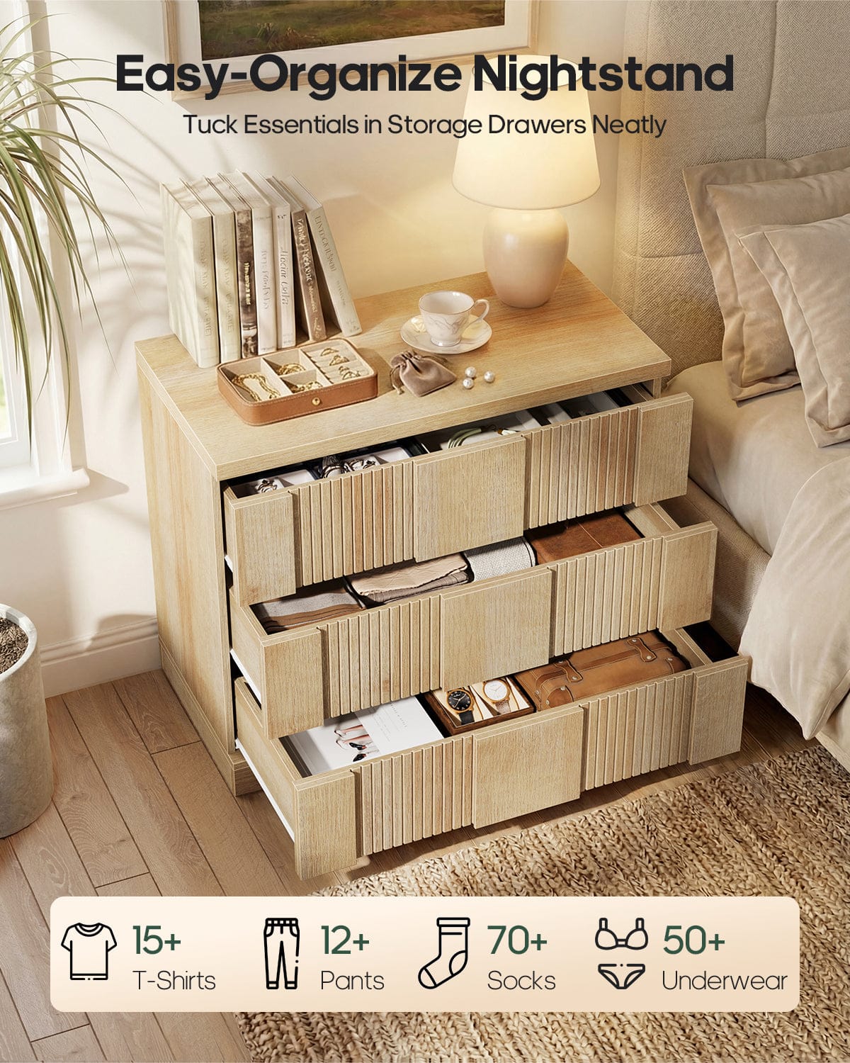 HAUOMS Nightstand Oak / Mid-Century Modern / Engineered Wood 31.3” W Oversized Extra Large Tall Nightstand, Oak