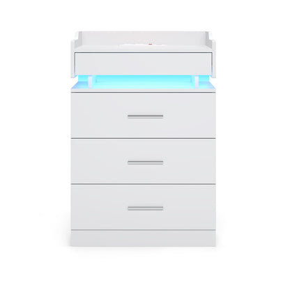 HAUOMS Nightstand White / Engineered Wood / Modern LED Nightstand with Charging Station White