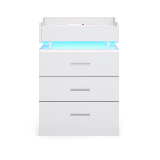 HAUOMS Nightstand White / Engineered Wood / Modern LED Nightstand with Charging Station White
