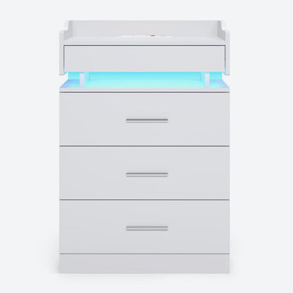 HAUOMS Nightstand White / Engineered Wood / Modern LED Nightstand with Charging Station White