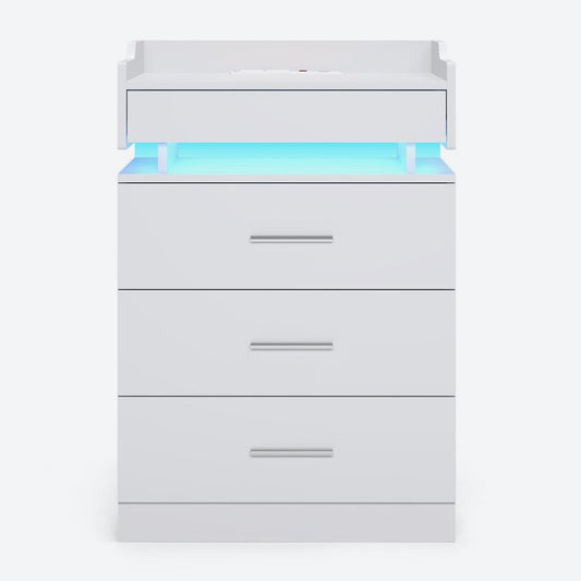 HAUOMS Nightstand White / Engineered Wood / Modern LED Nightstand with Charging Station White