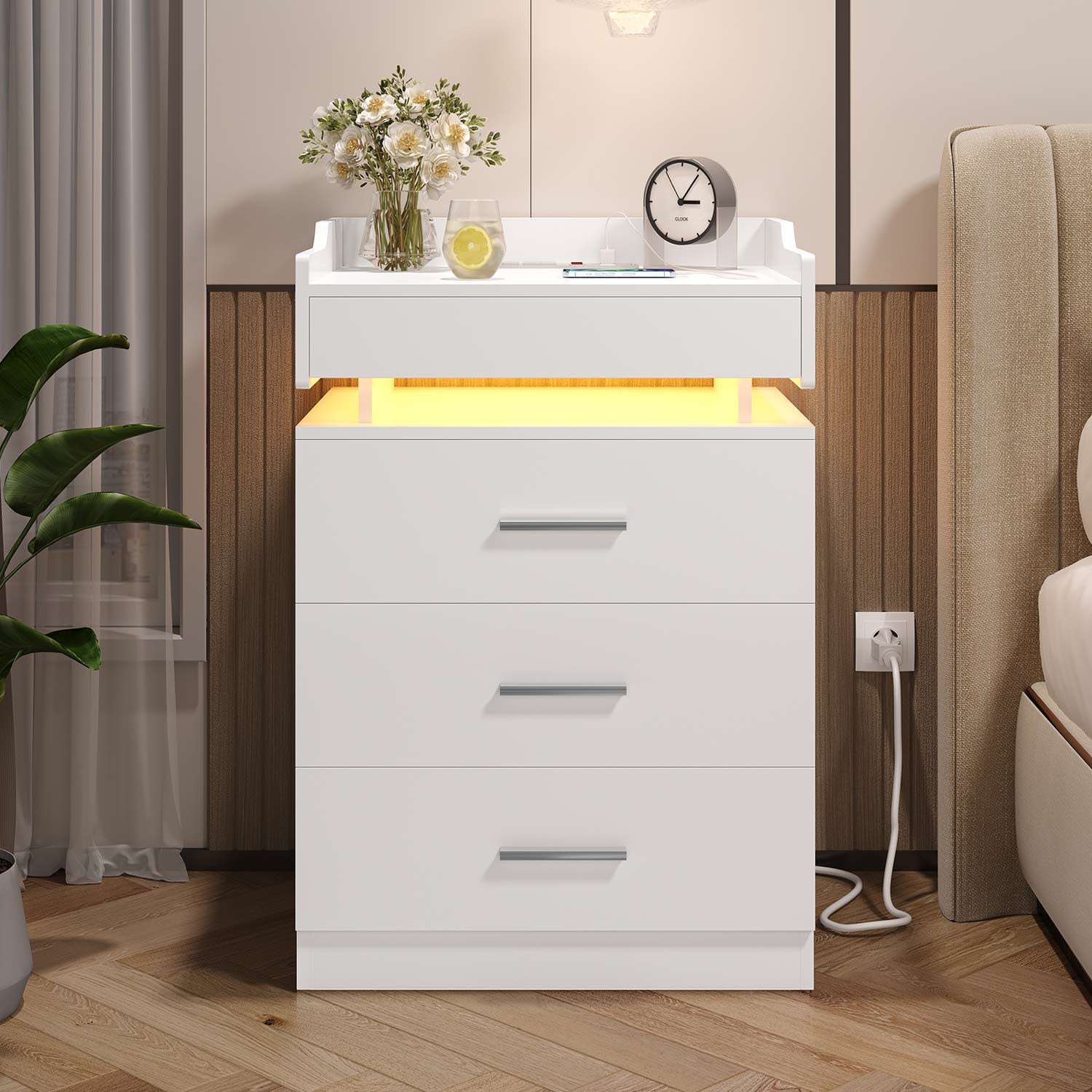 Hauoms Nightstand White / Engineered Wood / Modern LED Nightstand with Charging Station White