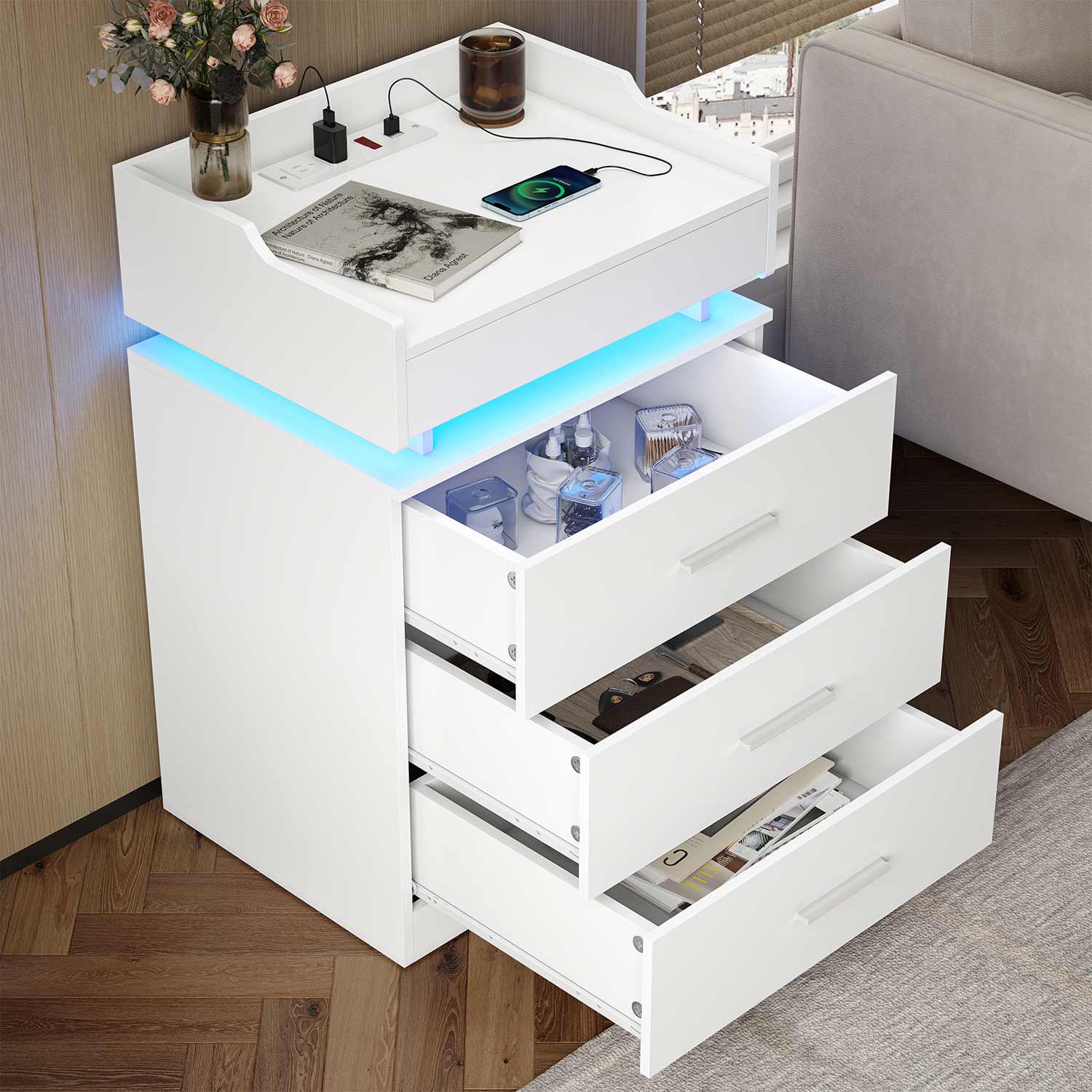 Hauoms Nightstand White / Engineered Wood / Modern LED Nightstand with Charging Station White