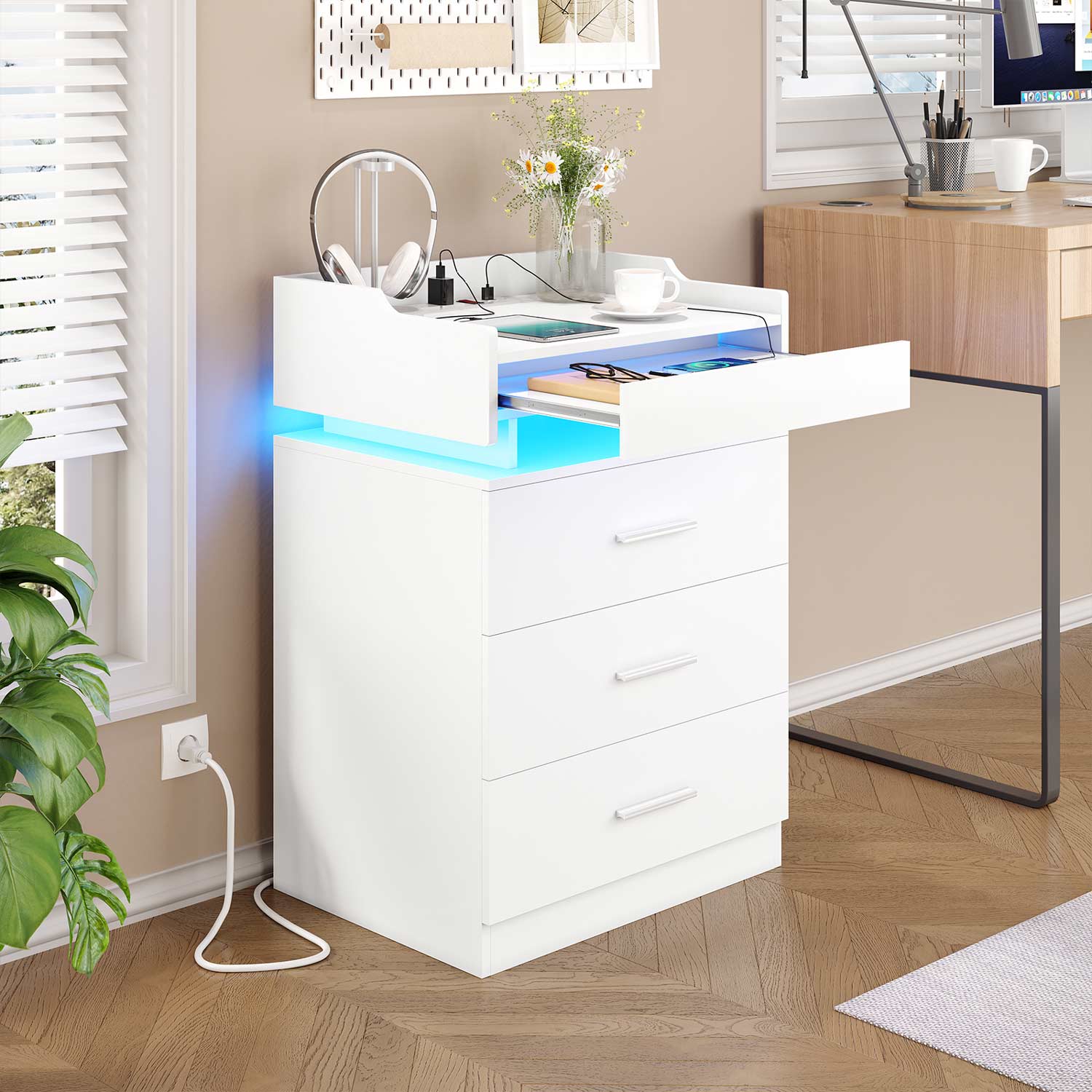 Hauoms Nightstand White / Engineered Wood / Modern LED Nightstand with Charging Station White