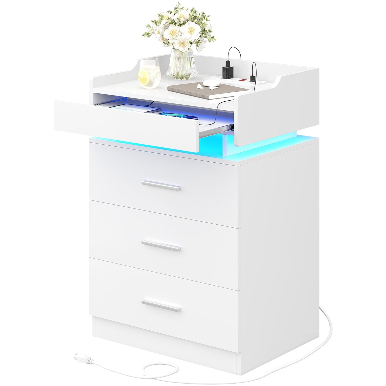 Hauoms Nightstand White / Engineered Wood / Modern LED Nightstand with Charging Station White