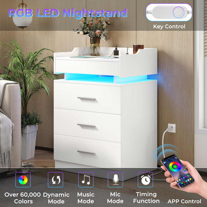 Hauoms Nightstand White / Engineered Wood / Modern LED Nightstand with Charging Station White