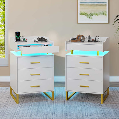 Hauoms Nightstand White / Engineered Wood / Modern LED Nightstand with Pull-Out Tray White and Gold