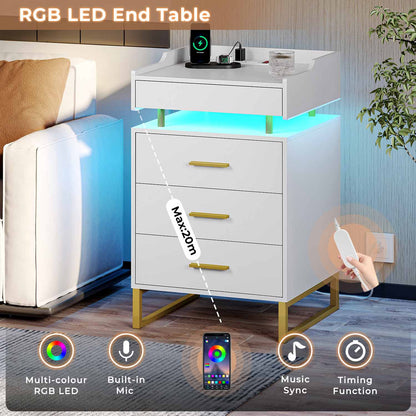 Hauoms Nightstand White / Engineered Wood / Modern LED Nightstand with Pull-Out Tray White and Gold
