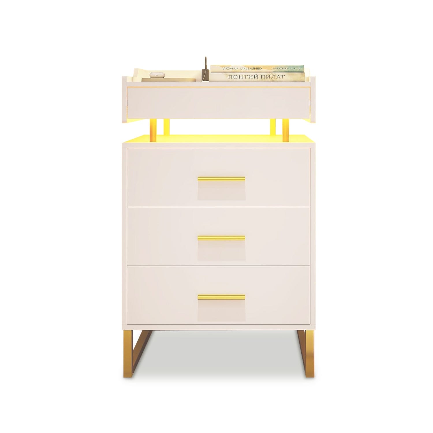 HAUOMS Nightstand White / Engineered Wood / Modern LED Nightstand with Pull-Out Tray White & Gold