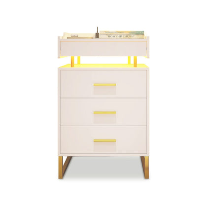 HAUOMS Nightstand White / Engineered Wood / Modern LED Nightstand with Pull-Out Tray White & Gold