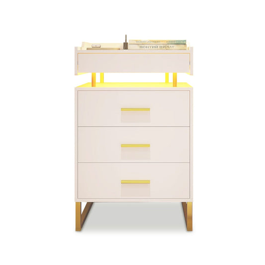 HAUOMS Nightstand White / Engineered Wood / Modern LED Nightstand with Pull-Out Tray White & Gold