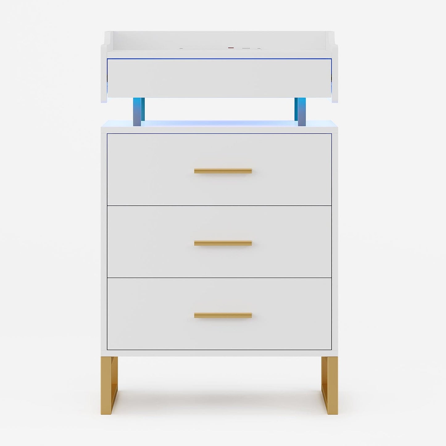 HAUOMS Nightstand White & Gold / Engineered Wood / Modern LED Nightstand with Pull-Out Tray White & Gold