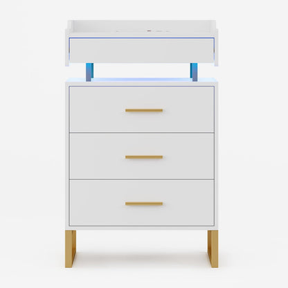 HAUOMS Nightstand White & Gold / Engineered Wood / Modern LED Nightstand with Pull-Out Tray White & Gold