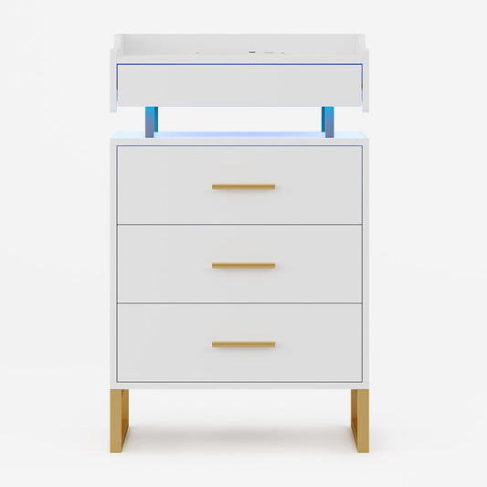 HAUOMS Nightstand White & Gold / Engineered Wood / Modern LED Nightstand with Pull-Out Tray White & Gold