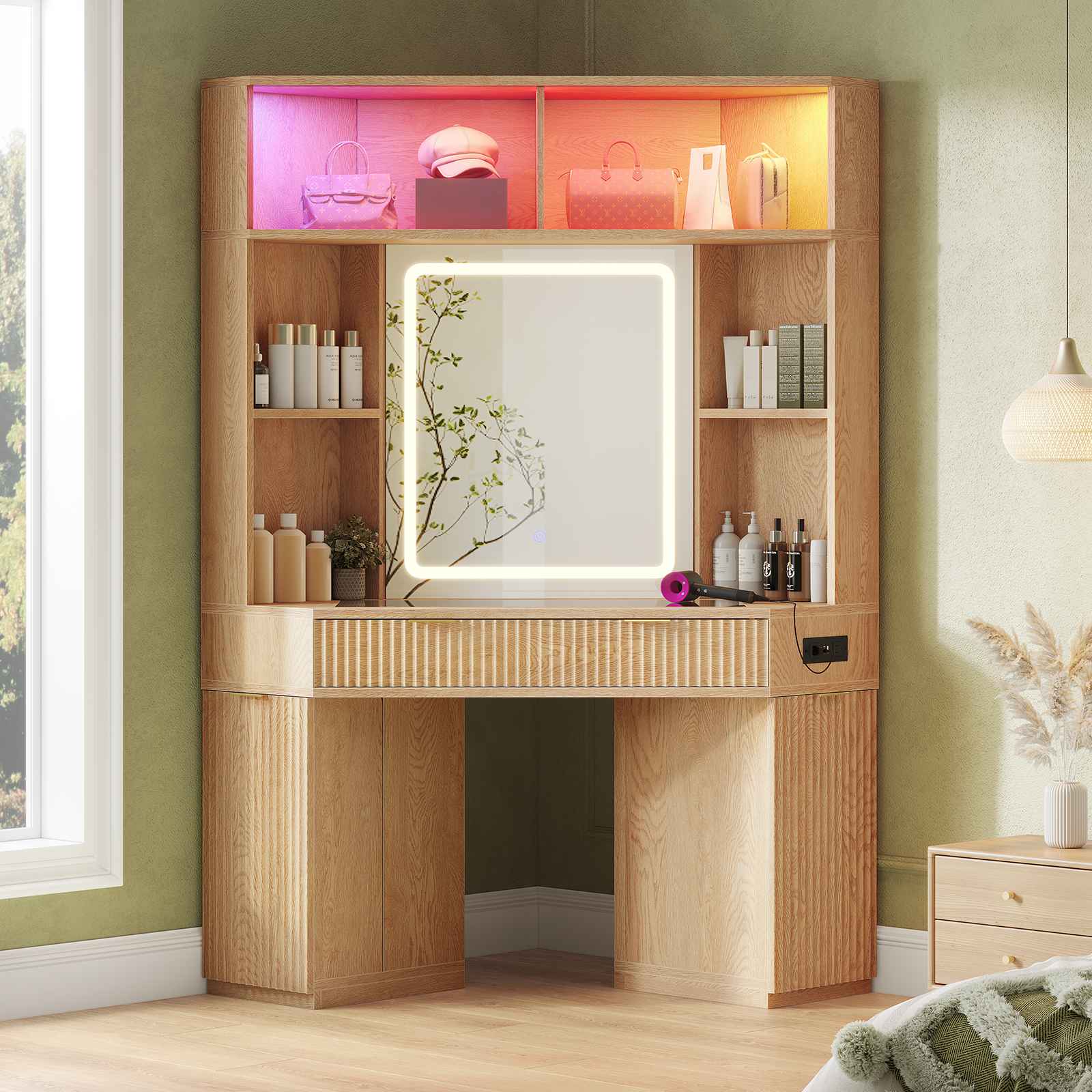 HAUOMS Oak HAUOMS 67" Corner Vanity Desk with 6-Tier Huge Storage Large Makeup Vanity with LED Mirror and Power Hub