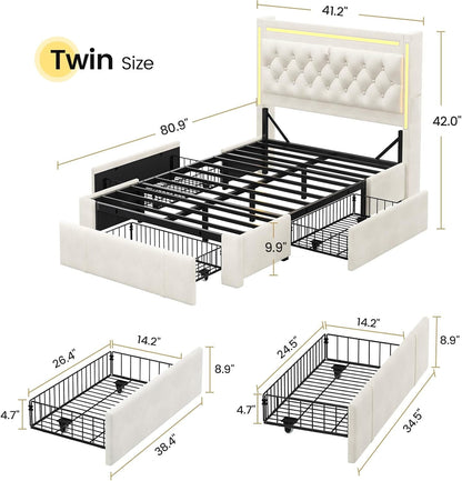 HAUOMS Queen Upholstered LED Bed Frame with 3 Drawers, Velvet Hidden Storage Headboard with Charging Station, Button Tufted Headboard and Heavy Duty Metal Slats Support, No Box Spring Needed, Beige