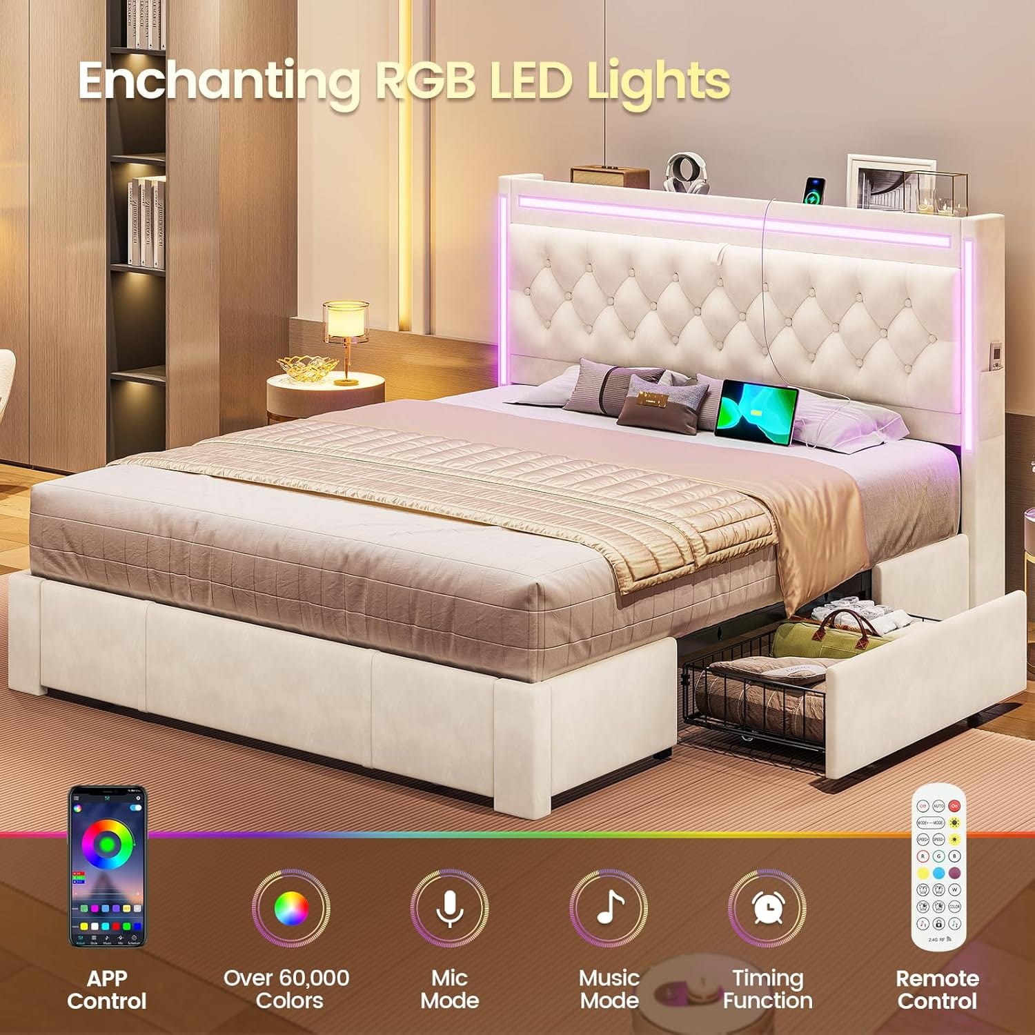 HAUOMS Queen Upholstered LED Bed Frame with 3 Drawers, Velvet Hidden Storage Headboard with Charging Station, Button Tufted Headboard and Heavy Duty Metal Slats Support, No Box Spring Needed, Beige